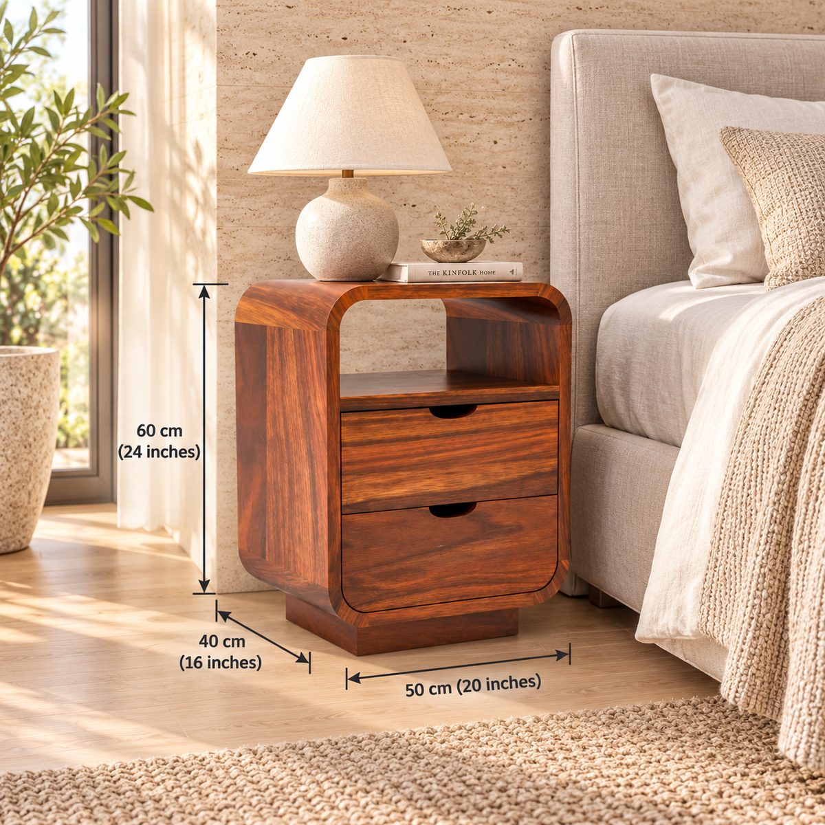 Rounded Bedside Table with Two Drawers dimensions: 50 cm W × 40 cm D × 60 cm H