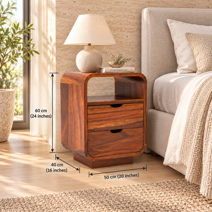 Rounded Bedside Table with Two Drawers dimensions: 50 cm W × 40 cm D × 60 cm H