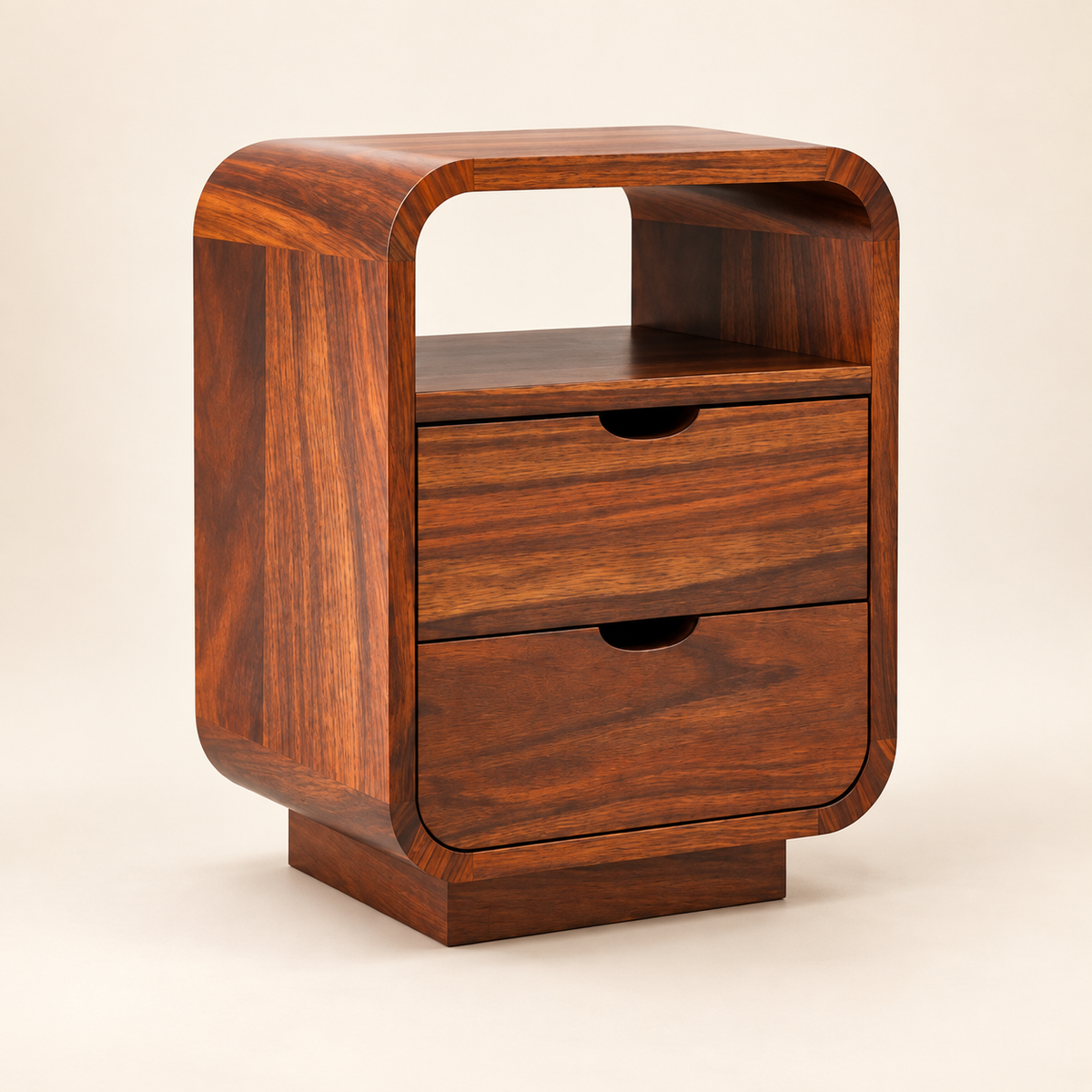 Rounded Bedside Table with Two Drawers clean studio view with storage closed