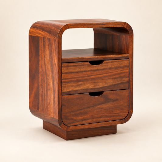 Rounded Bedside Table with Two Drawers clean studio view with storage closed