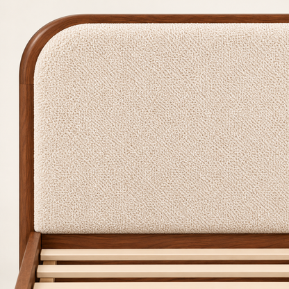 Rounded Leatherette Wooden Bed in teak wood — close-up of headboard
