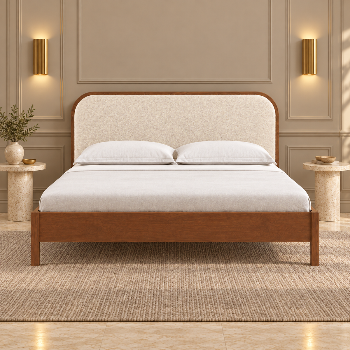 Rounded Leatherette Wooden Bed in teak wood — front view styled in bedroom