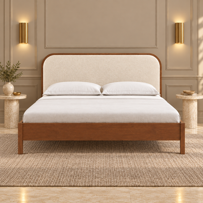 Rounded Leatherette Wooden Bed in teak wood — front view styled in bedroom