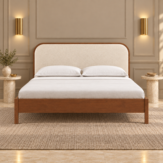 Rounded Leatherette Wooden Bed in teak wood — front view styled in bedroom