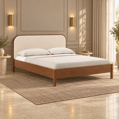Rounded Leatherette Wooden Bed in teak wood — side view styled in bedroom