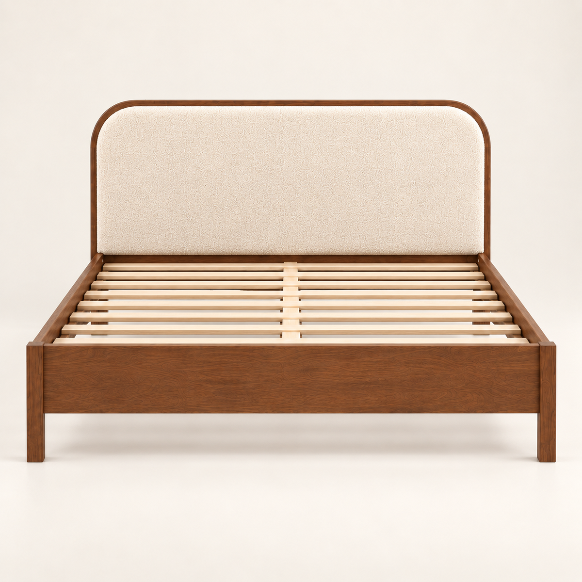 Rounded Leatherette Wooden Bed in teak wood — front studio view of bare frame