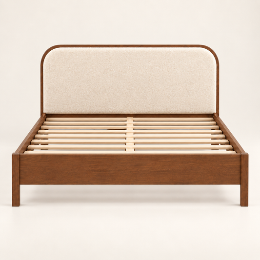 Rounded Leatherette Wooden Bed in teak wood — front studio view of bare frame