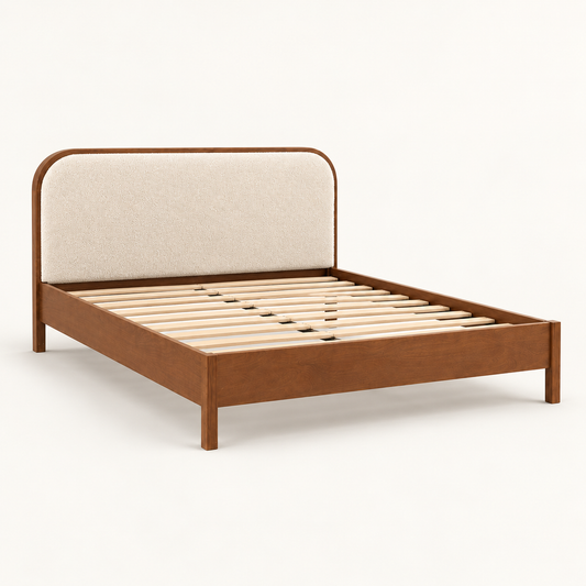 Rounded Leatherette Wooden Bed in teak wood — side studio view of bare frame