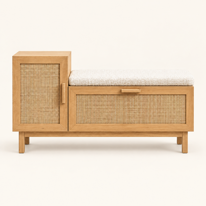 Front studio view of rubber wood cane shoe rack with seat