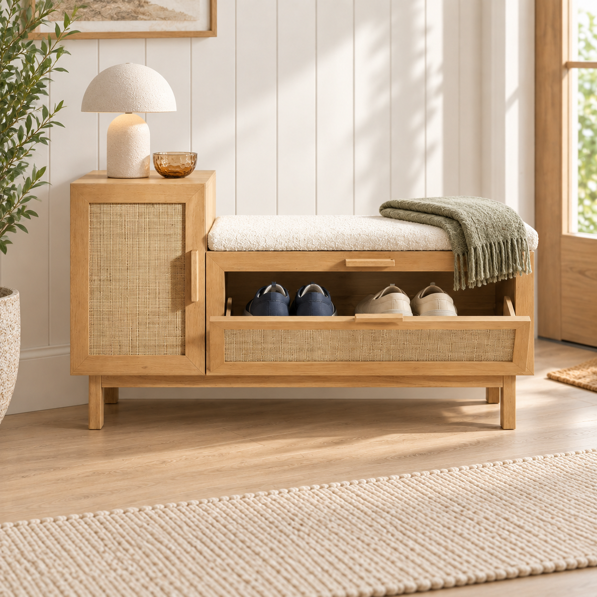 Rubber wood cane shoe rack with removable cushioned seat