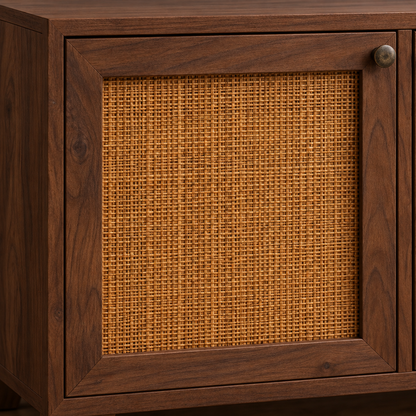 Rustic Cane Wooden Sideboard with Splayed Legs in walnut finish – material and detail close-up