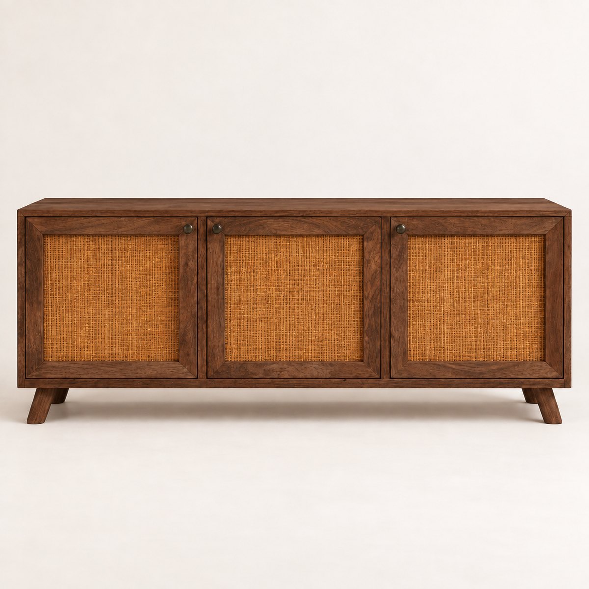 Rustic Cane Wooden Sideboard with Splayed Legs in walnut finish – front studio view