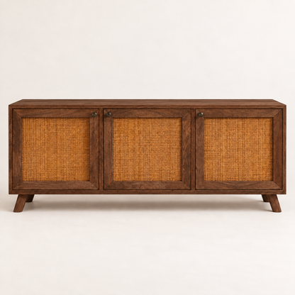 Rustic Cane Wooden Sideboard with Splayed Legs in walnut finish – front studio view