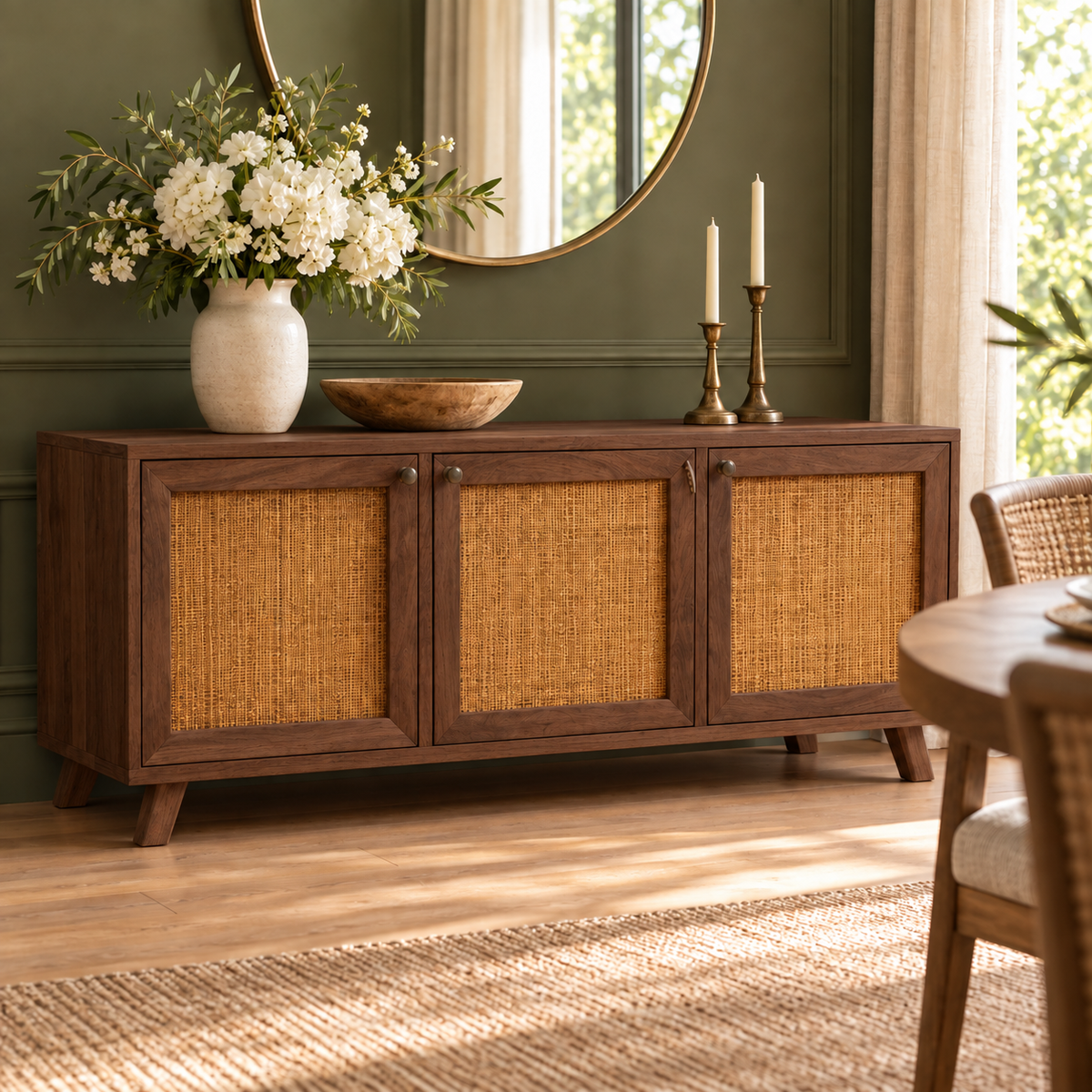 Rustic Cane Wooden Sideboard with Splayed Legs in walnut finish – lifestyle setting