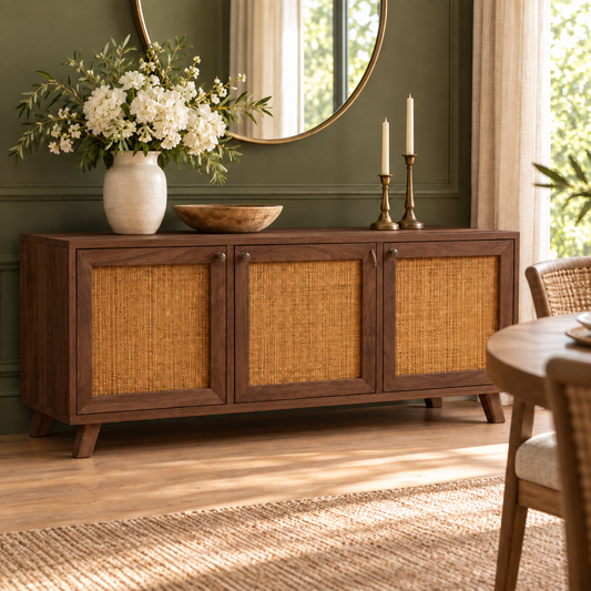 Rustic Cane Wooden Sideboard with Splayed Legs in walnut finish – lifestyle setting