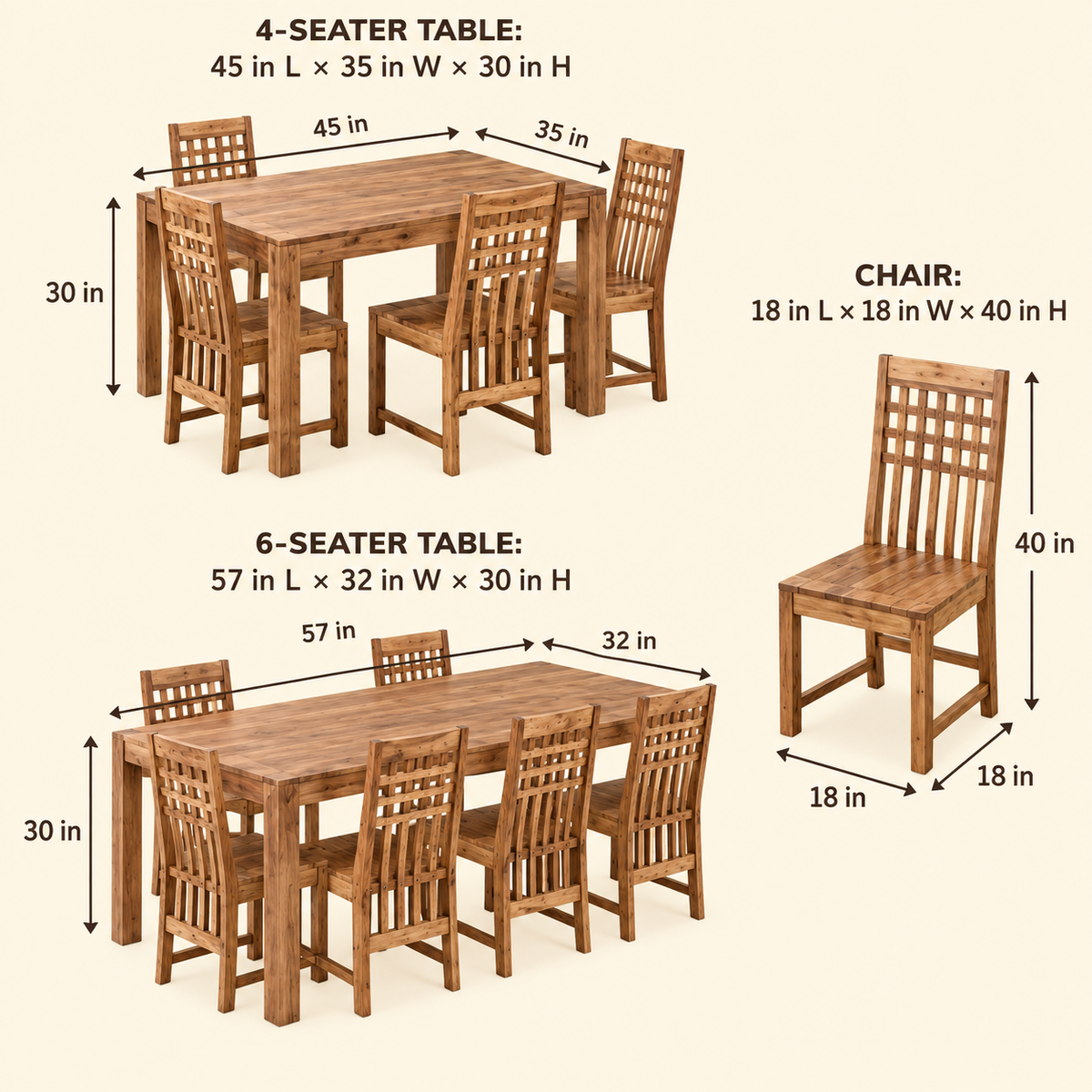 Bamboo dining set with dimension labels showing a 4-seater table, 6-seater table, and a single chair on a light beige background.