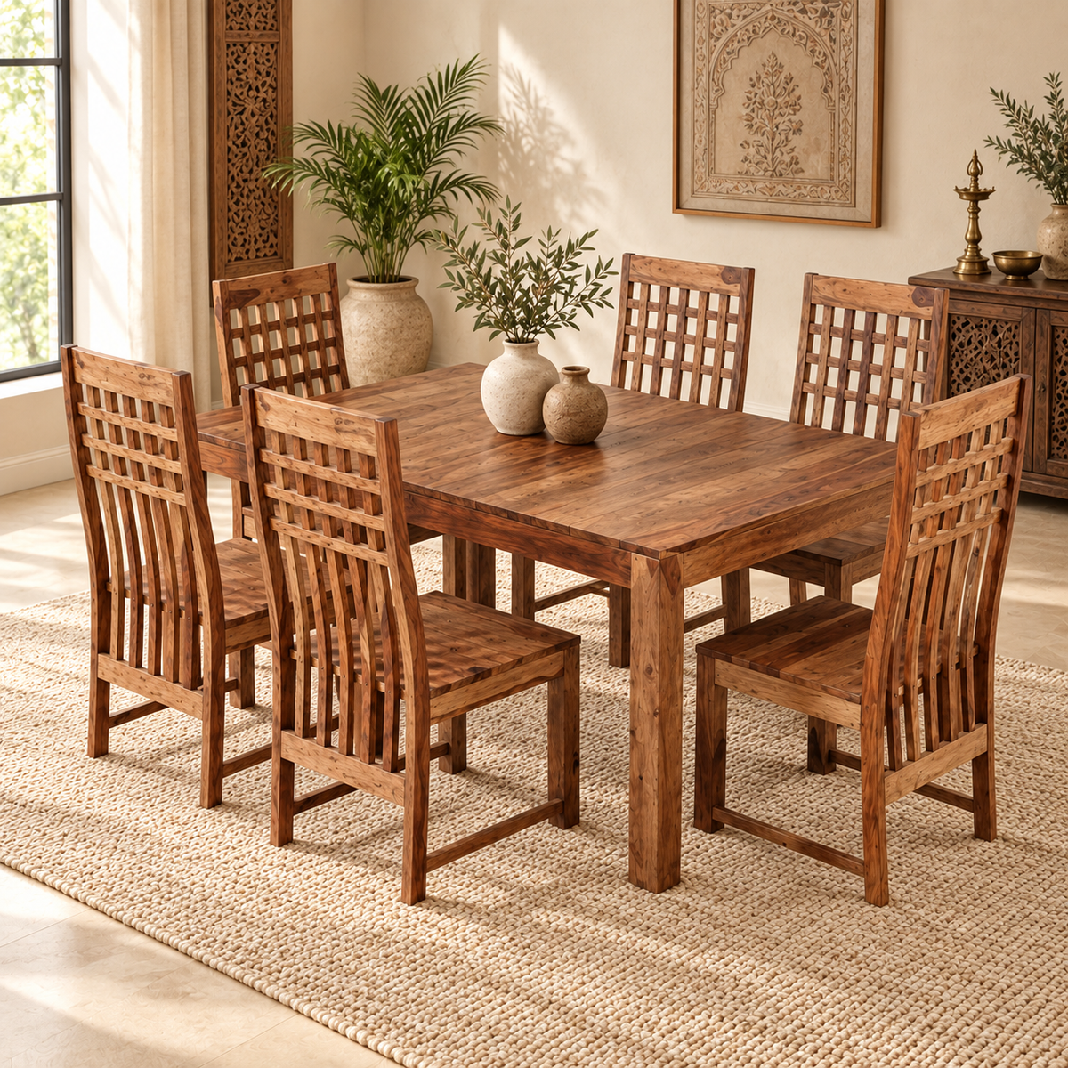 Rustic Grid-Back Dining Set dimension guide showing table and chair measurements.
