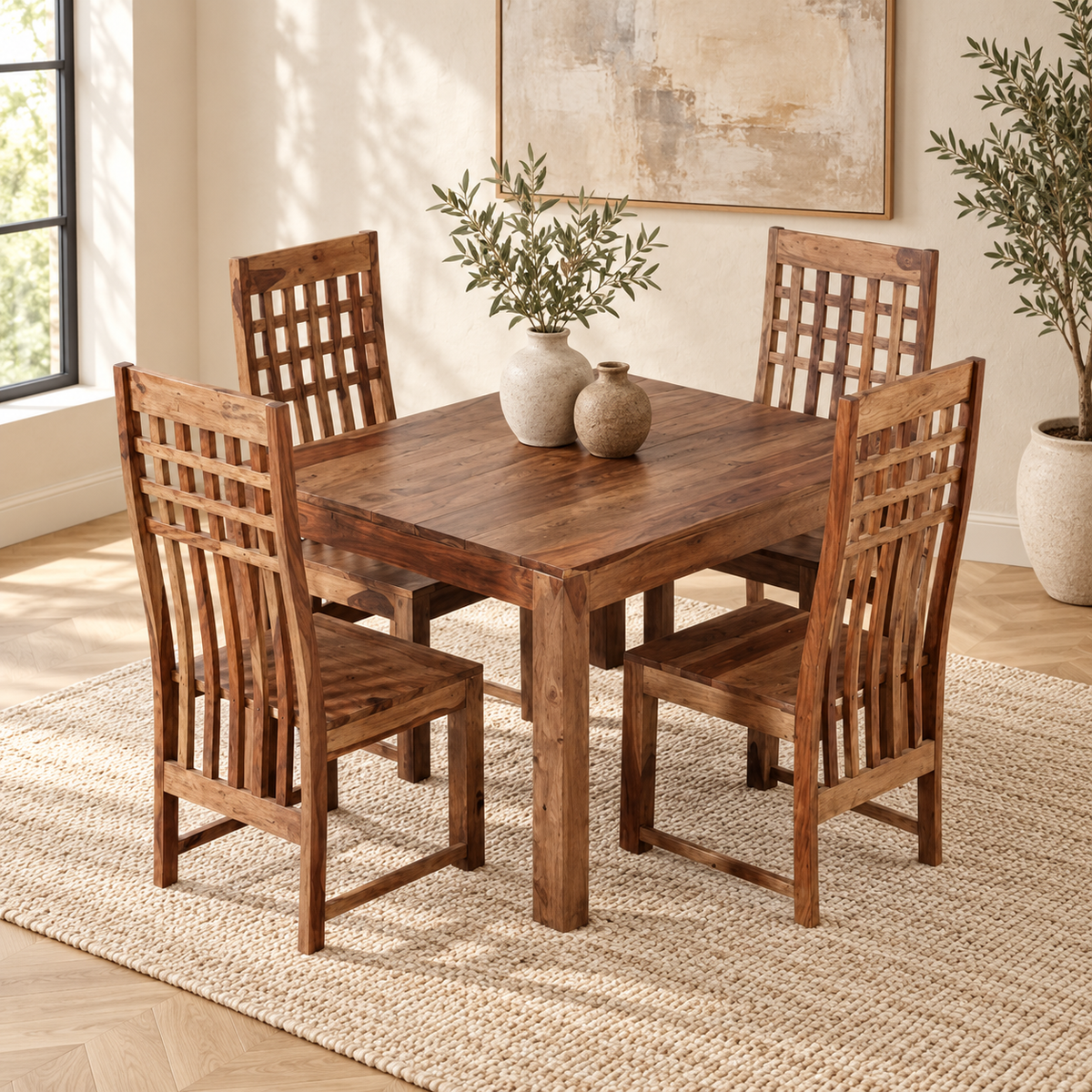 A 5-piece wooden dining set consisting of a square table and four matching chairs with lattice backs, styled on a woven jute rug in a bright room.