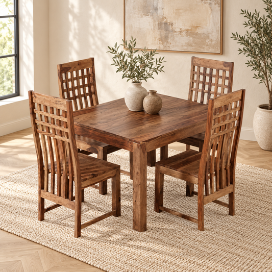 A 5-piece wooden dining set consisting of a square table and four matching chairs with lattice backs, styled on a woven jute rug in a bright room.