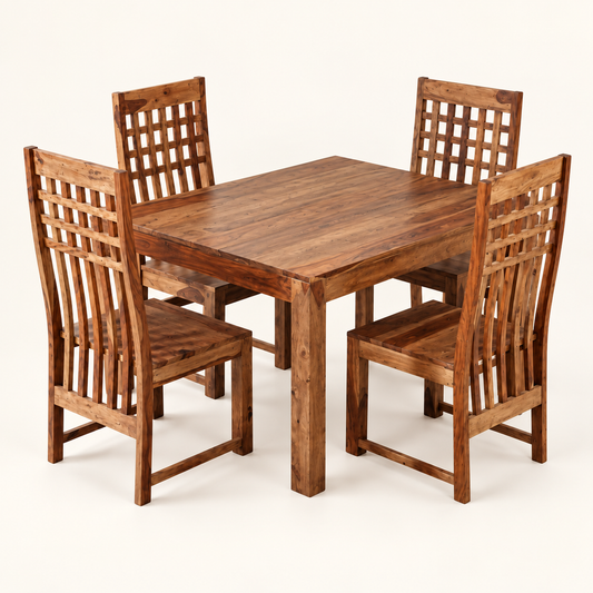 Rustic Grid-Back Dining Set complete dining set on a clean studio background.