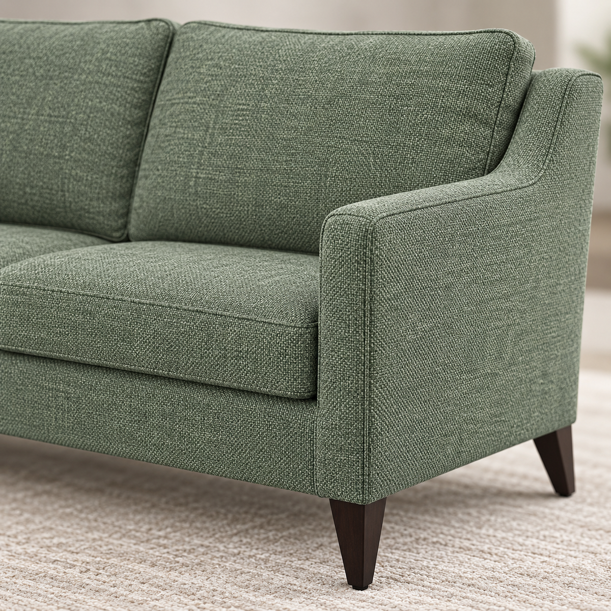 Sage Green Fabric 2-Seater Sofa — upholstery and wooden detail close-up