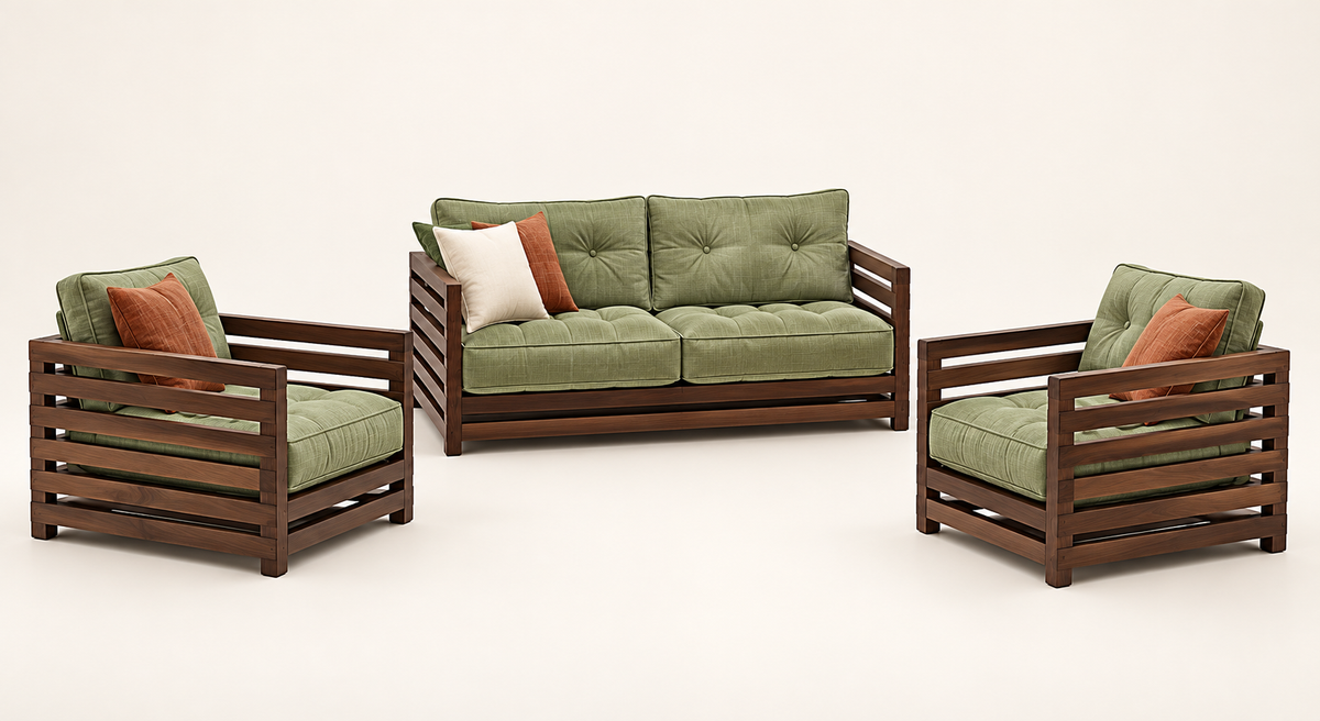 Sage Green Slatted Teak Wood Sofa Set (2+1+1) – Latest Furniture