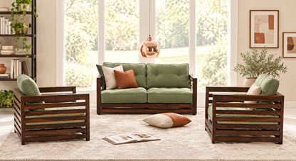 Sage Green Slatted Teak Wood Sofa Set (2+1+1) – Latest Furniture