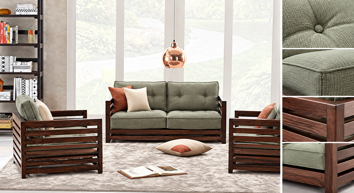 Sage Green Slatted Teak Wood Sofa Set (2+1+1) – Latest Furniture