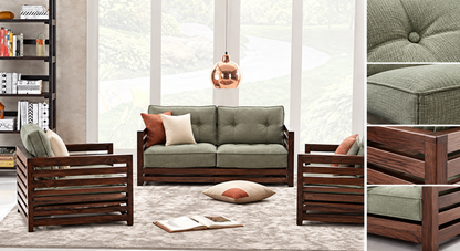 Sage Green Slatted Teak Wood Sofa Set (2+1+1) – Latest Furniture
