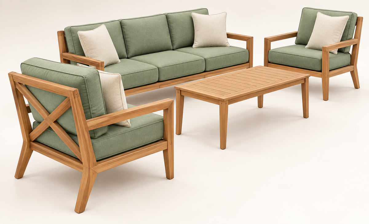 Sage Green X-Frame Teak Wood Sofa Set (3+1+1) angled view view