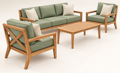 Sage Green X-Frame Teak Wood Sofa Set (3+1+1) angled view view