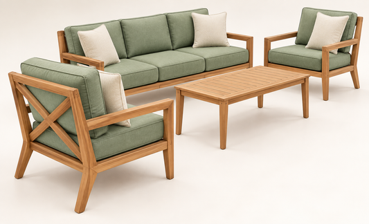 Sage Green X-Frame Teak Wood Sofa Set (3+1+1) angled view view