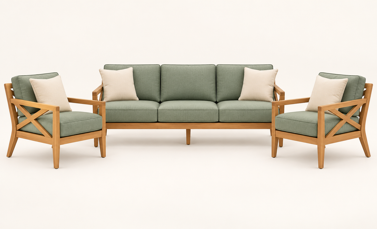 Sage Green X-Frame Teak Wood Sofa Set (3+1+1) complete set front view