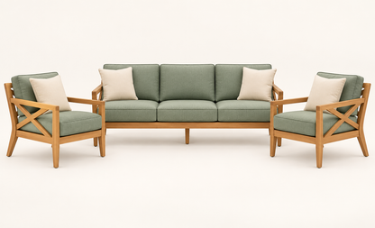 Sage Green X-Frame Teak Wood Sofa Set (3+1+1) complete set front view