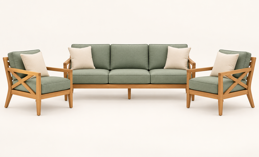 Sage Green X-Frame Teak Wood Sofa Set (3+1+1) complete set front view