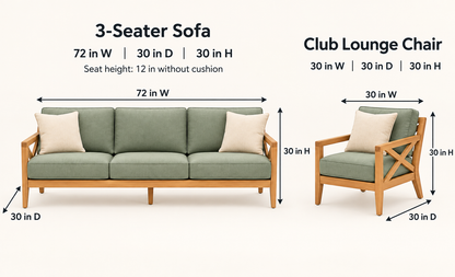 Sage Green X-Frame Teak Wood Sofa Set (3+1+1) dimensions view