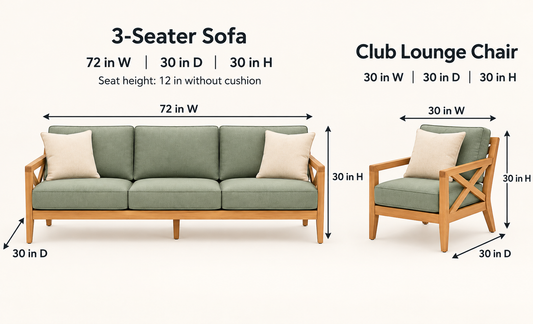 Sage Green X-Frame Teak Wood Sofa Set (3+1+1) dimensions view