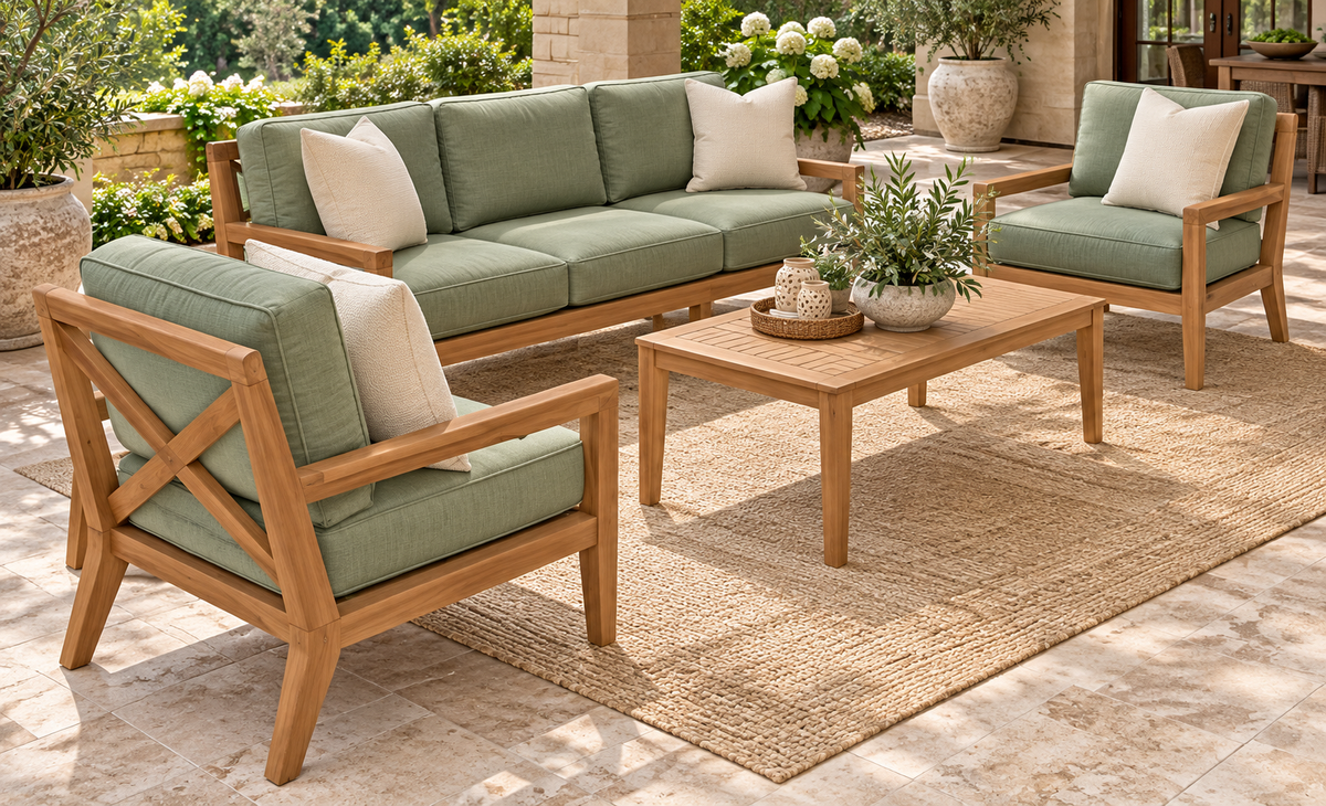 Sage Green X-Frame Teak Wood Sofa Set (3+1+1) lifestyle view