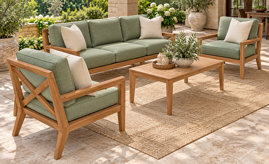 Sage Green X-Frame Teak Wood Sofa Set (3+1+1) lifestyle view