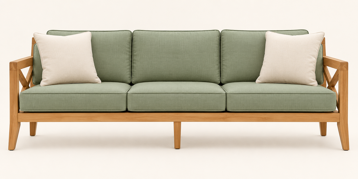 Sage Green X-Frame Teak Wood Sofa Set (3+1+1) main sofa view