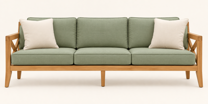 Sage Green X-Frame Teak Wood Sofa Set (3+1+1) main sofa view