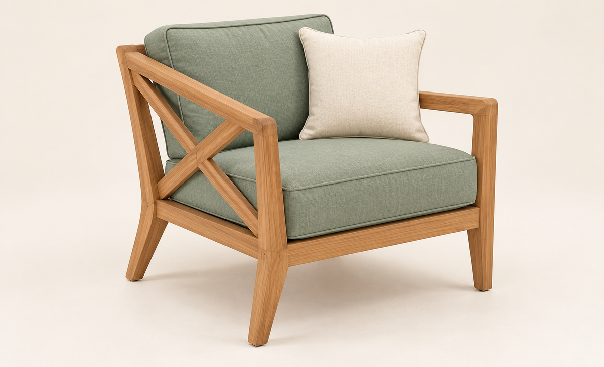 Sage Green X-Frame Teak Wood Sofa Set (3+1+1) single seater view
