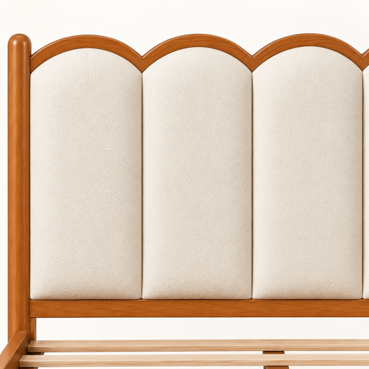 Scalloped Leatherette Wooden Bed in teak wood — close-up of headboard