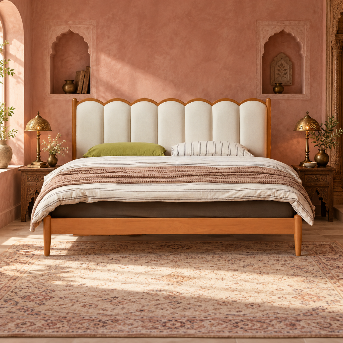 Scalloped Leatherette Wooden Bed in teak wood — front view styled in bedroom