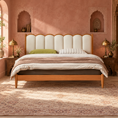 Scalloped Leatherette Wooden Bed in teak wood — front view styled in bedroom