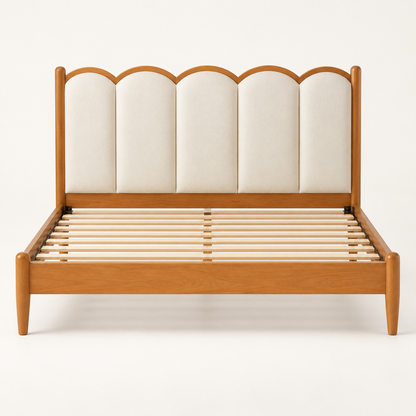 Scalloped Leatherette Wooden Bed in teak wood — front studio view of bare frame