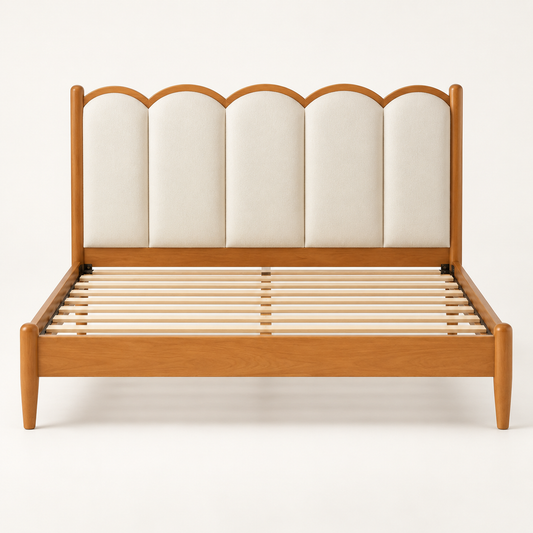 Scalloped Leatherette Wooden Bed in teak wood — front studio view of bare frame