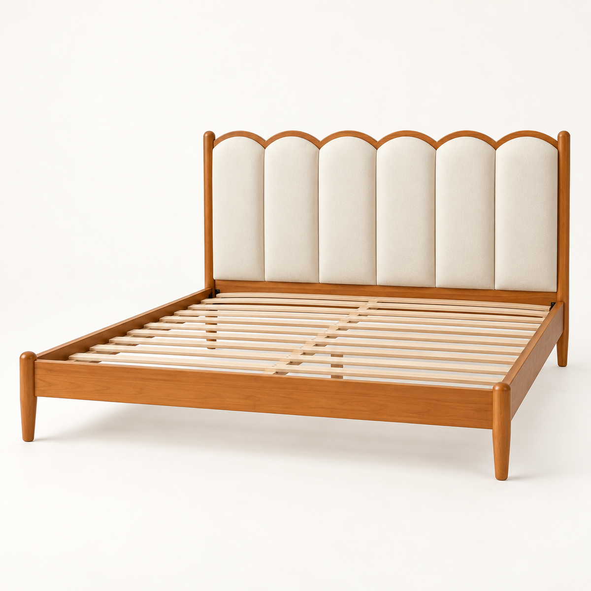 Scalloped Leatherette Wooden Bed in teak wood — side studio view of bare frame