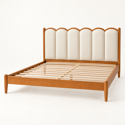 Scalloped Leatherette Wooden Bed in teak wood — side studio view of bare frame