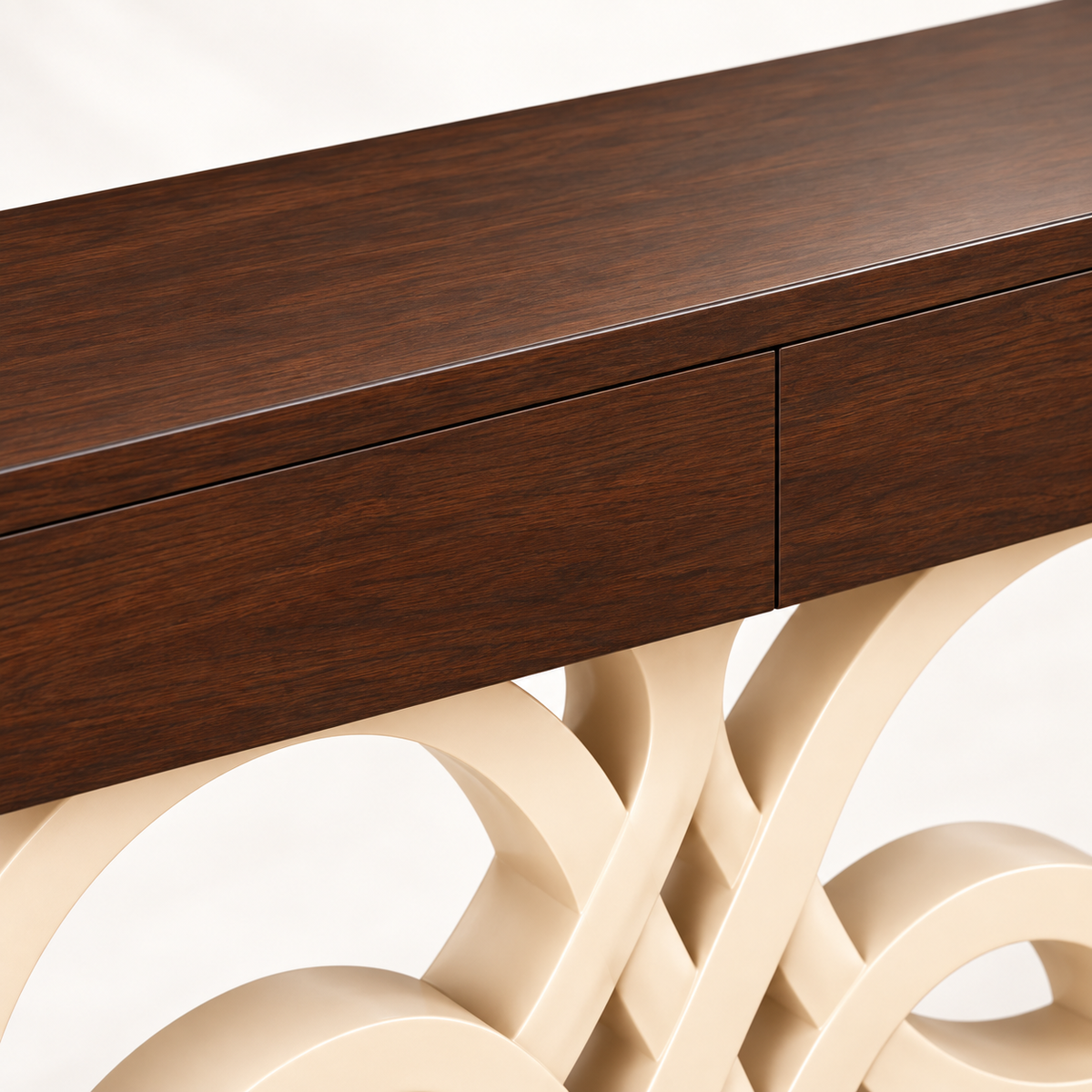 Close-up of a dark brown wooden console table with a sculptural cream-colored curved metal base, set against a clean white background.